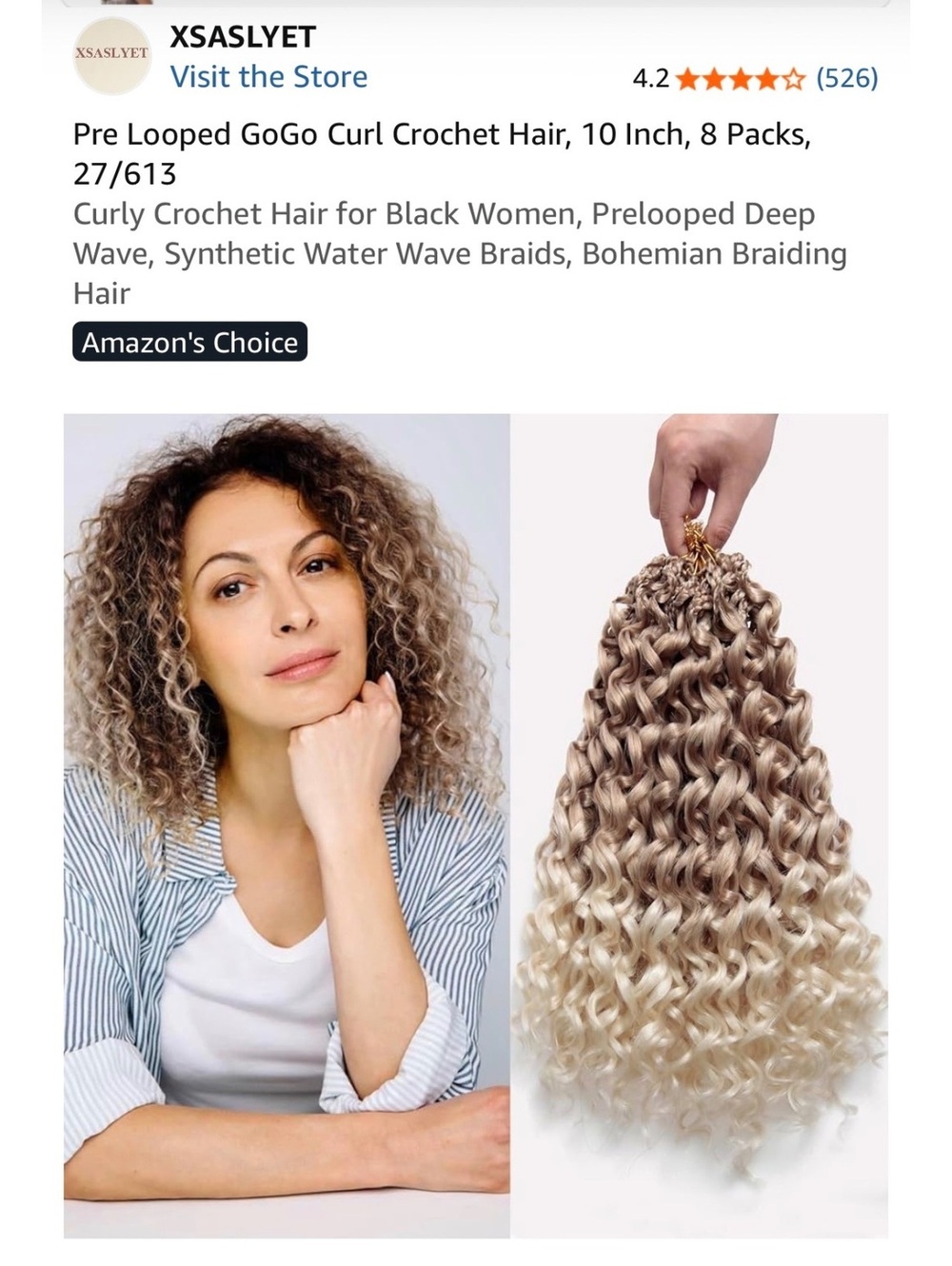 Looped GoGo Curl Crochet Hair, 10 Inch, 8 Packs, 27/613 Blonde Synthetic Braids